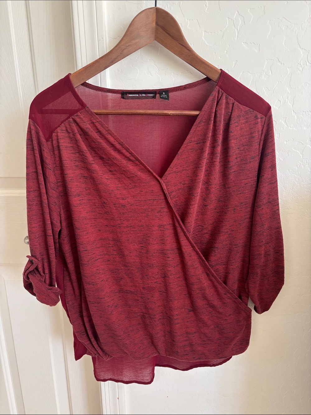 Notations Marled Burgundy Wrap-Front Blouse with Roll-Tab Sleeves